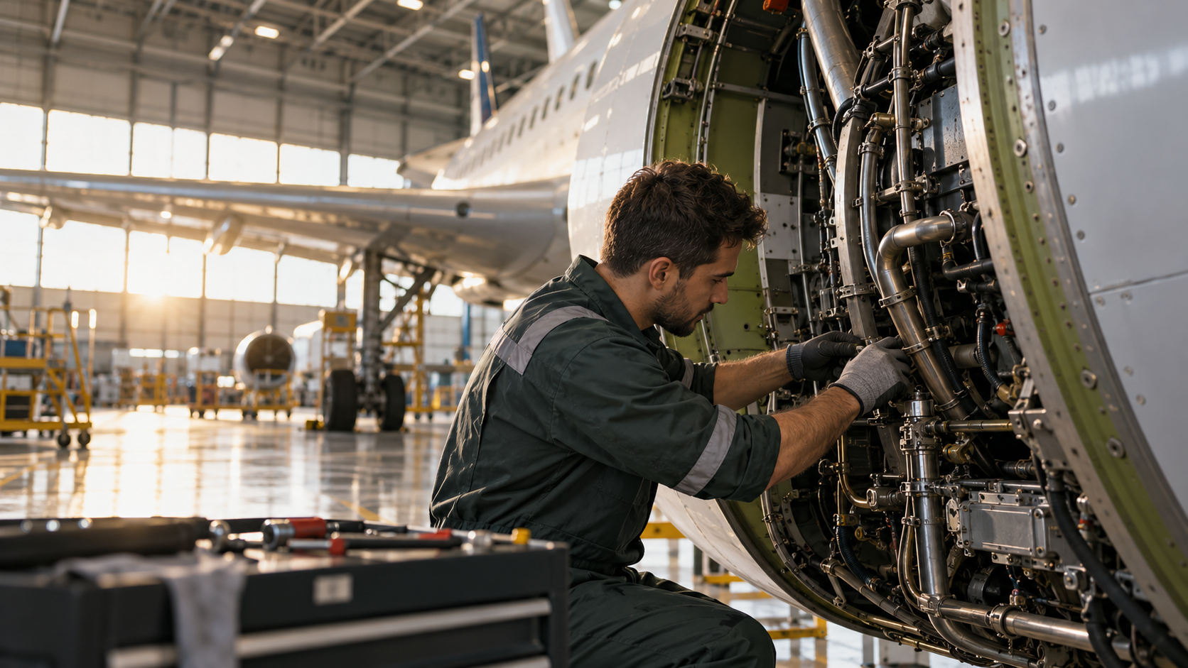 Técnico realizando manutenção em uma aeronave dentro de um hangar