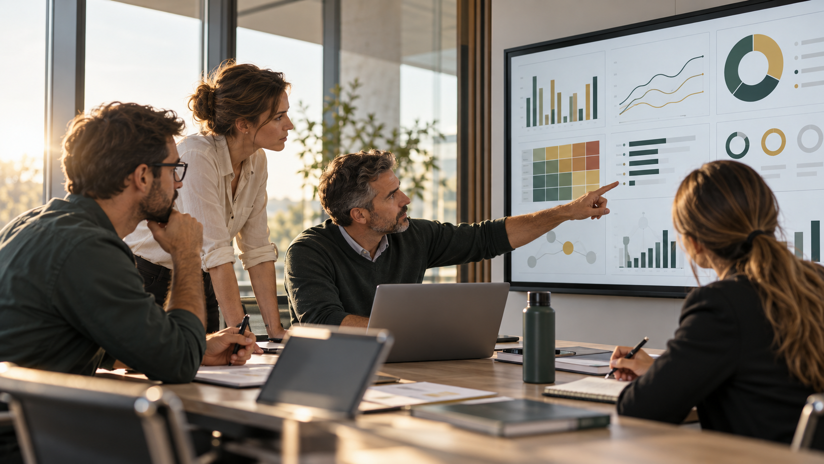 Equipe analisando indicadores e informações técnicas em uma reunião